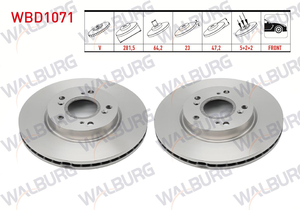 WALBURG WBD1071 Brake Disc Front Air 5 Bjn 281,5X23x64,2X47,2 Honda Civic VII 1.6i-1.8 I-Vtec-2.0 I-Vtec 00-06 / Civic VIII 1.4-1.8 05-12 / Civic Ix 1.6i-1.4 12-16 / Civic X 1.0 1.6 İvtec 16