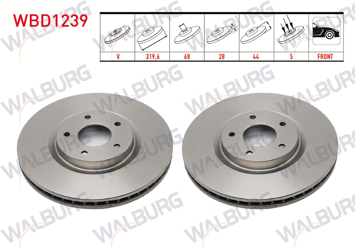 WALBURG WBD1239 Brake Disc Front Air 5 Bjn 319,6X28x68x44 Renault Koleos (Hy) 2.0 dCi 2009-2014 / Niss — Brake Rotors & Drums