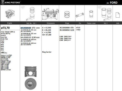 King 18255015020 Piston 73.70 mm Peugeot P107 P206 P307 Citroen Nemo Ford Fiesta — Pistons & Rotating