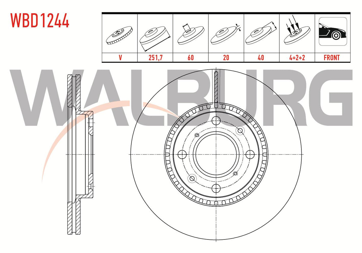 WALBURG WBD1244 Brake Disc Front Air 4 Bjn 251,7X20x60x40 Suzuki Swift III 1.3i 2005-2010 / Swift III 1.3 DDiS 2005-2010 / Swift III 1.5i 2005-2010 / Splash 1.2i 2008-/ Splash 1.3 DDiS 2008-