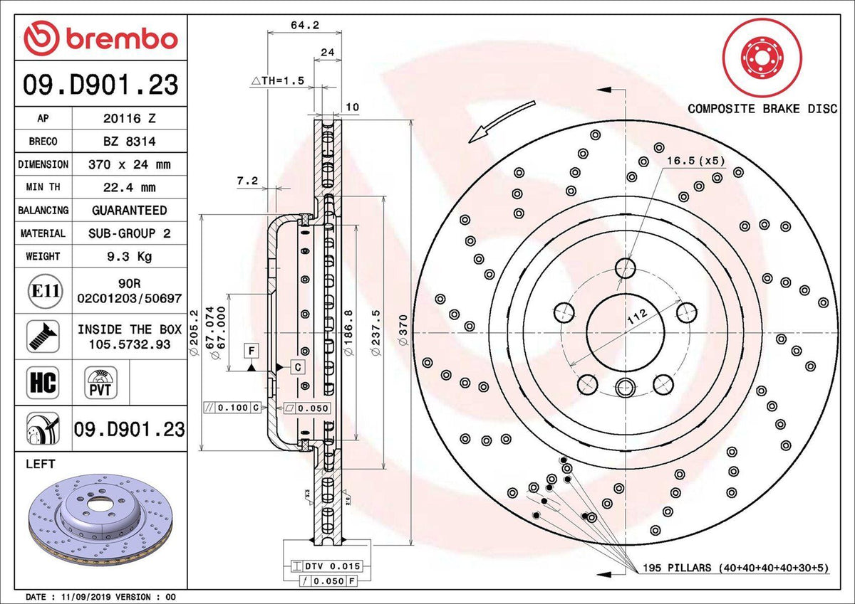 Brembo 09.D901.23 Brake Disc Rear BMW G30/G32/G11 Air Drilled Set of 2 — Brake Rotors & Drums
