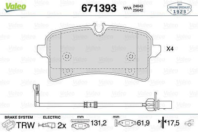 Valeo 671393 Brake Pad Rear Audi A8 3.0 TDI Quattro 13- — Brake Pads