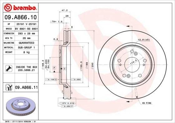 BREMBO Brake Disc 09.A866.10 - Front Disc Set for 2007 Honda CR-V — Brake Rotors & Drums