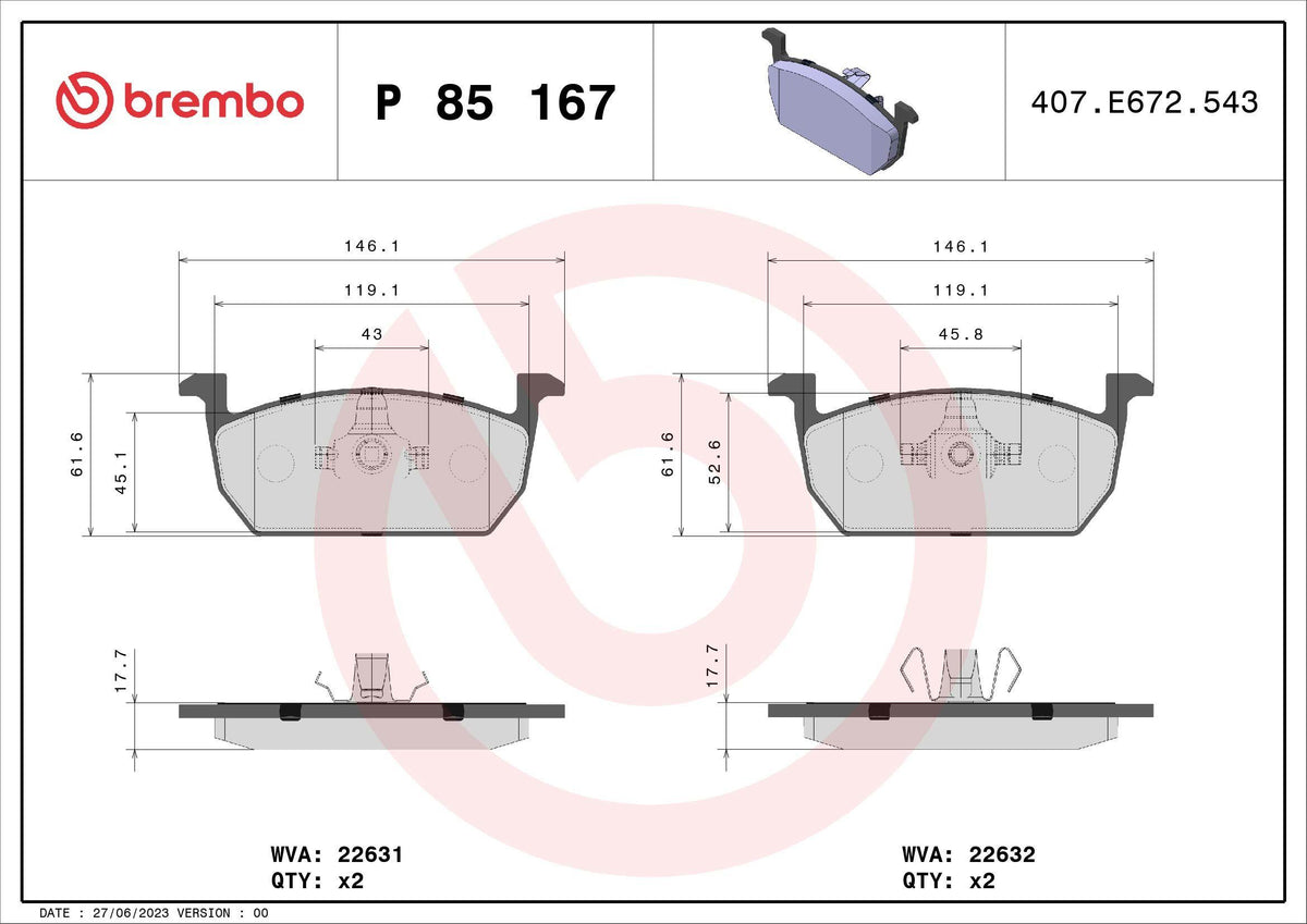Brembo P85167 Brake Pad Front VW Polo 18-/Audi A1 19-/Seat Ibiza 18-/Arona/Kamiq/Scala — Brake Pads