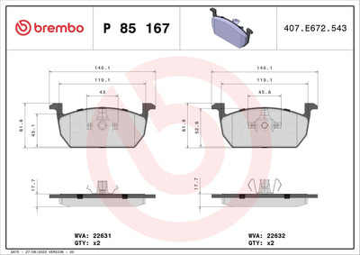 Brembo P85167 Brake Pad Front VW Polo 18-/Audi A1 19-/Seat Ibiza 18-/Arona/Kamiq/Scala — Brake Pads