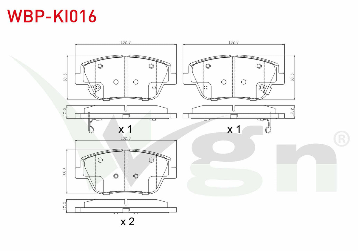 WGN WBP-KI016 Brake Pad Front with Wear Indicator Kia Rio III 1.25 Cvvt 2011-2014 / Rio III 1.4 Cvvt 2011-2014 / Kia Optima 1.7 CRDi 2012-/ Hyundai Sonata V 2.0 CRDi 2005-2010 / 2.0 VVTI 2005-2010