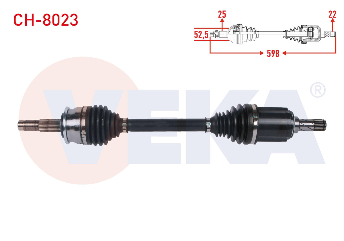 Veka CH-8023 Complete Axle Left Front Length 598mm Chevrolet Aveo (T300) 1.3 D M-T 2011-2014 — Axles, CV Joints & Boots