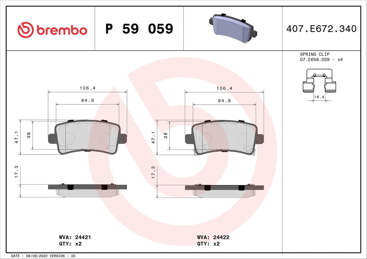 Brembo P59059 Brake Pad Rear (Opel Insignia 08) 16-17 (Inch) Rim — Brake Pads