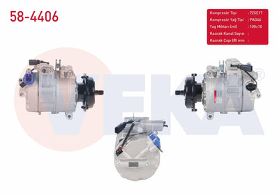 Veka 58-4406 A/C Compressor Volkswagen Touareg 2.5 R5 TDI-3.0 V6 TDI-5.0 R50 TDI 2002-2010 / Transporter V 2.5 TDI 2003-2011