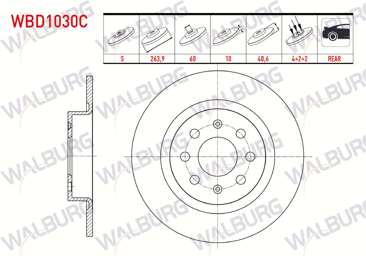 WALBURG WBD1030C Brake Disc Rear Straight Coated 4 Bjn 263,9X10x60x40 — Brake Rotors & Drums
