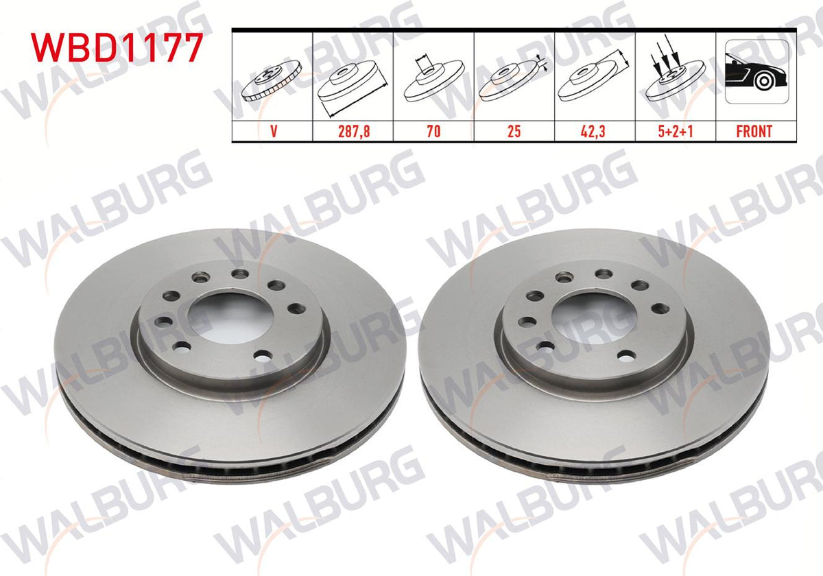 WALBURG WBD1177 Brake Disc Front Air 5 Bjn 287,8X25x70x42 — Brake Rotors & Drums
