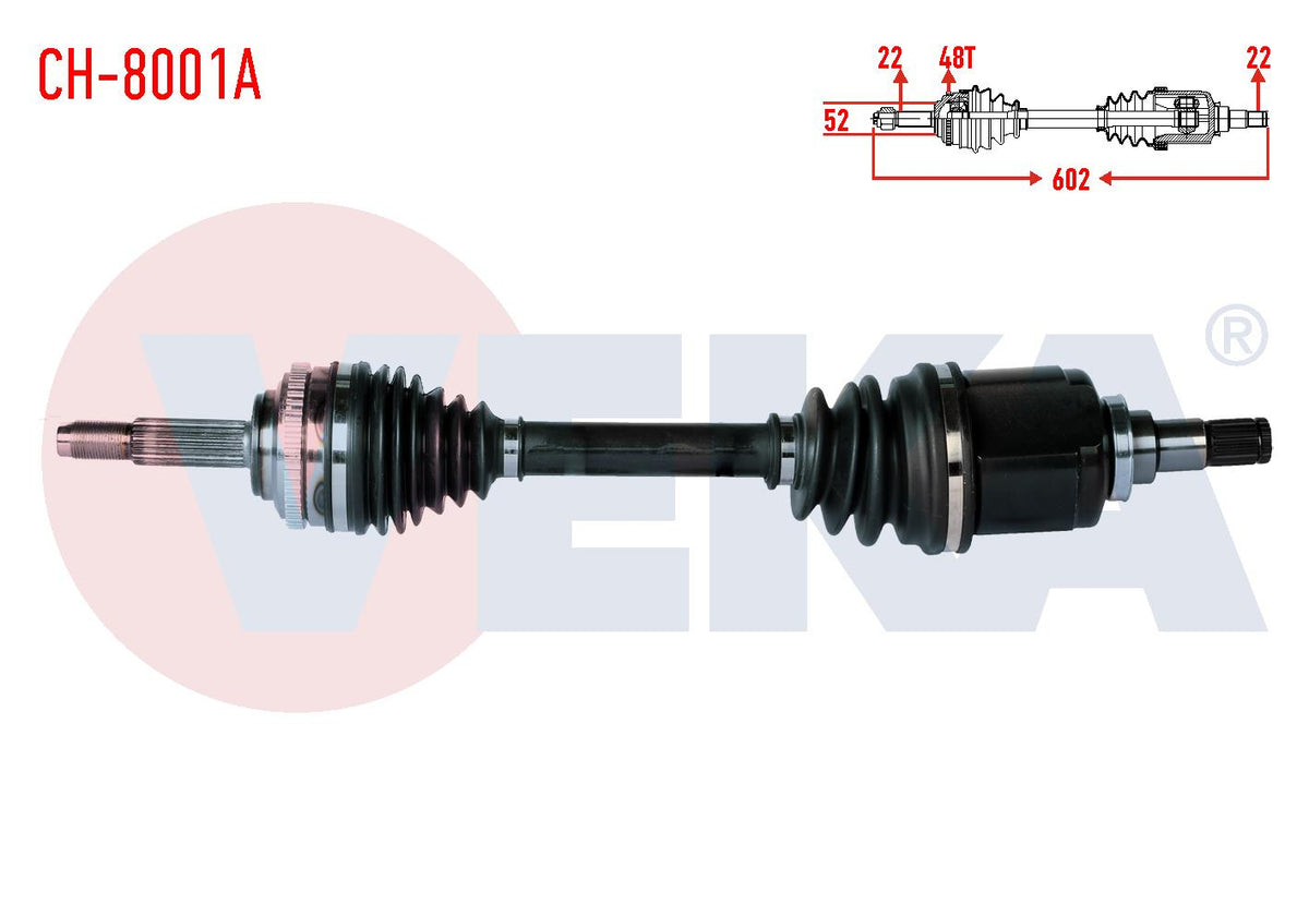 Veka CH-8001A Complete Axle Left Front Chevrolet Kalos (T200) 1.4 A-T ABS li 48 Outer Length 602mm — Axles, CV Joints & Boots