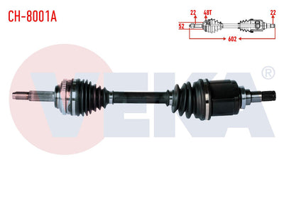 Veka CH-8001A Complete Axle Left Front Chevrolet Kalos (T200) 1.4 A-T ABS li 48 Outer Length 602mm — Axles, CV Joints & Boots