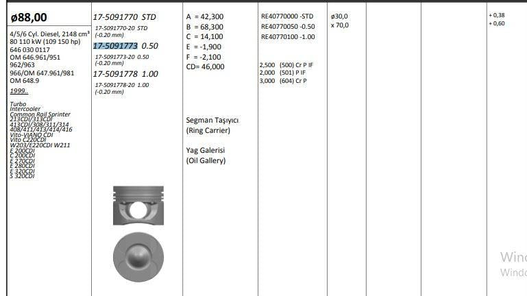 King 17509177320 Piston 88.00 mm (0.50) Mercedes Sprinter/W203 E/S320 CDI OM646/647 (4-5-6 Sıl) (0.20 Sh — Pistons & Rotating
