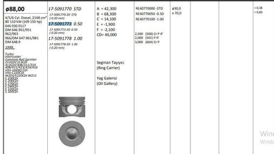 King 17509177320 Piston 88.00 mm (0.50) Mercedes Sprinter/W203 E/S320 CDI OM646/647 (4-5-6 Sıl) (0.20 Sh — Pistons & Rotating