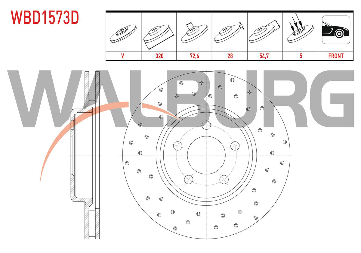 WALBURG WBD1573D Brake Disc Front Air Performance Drilled 5 Bjn 320X28x72,6X54 — Brake Rotors & Drums
