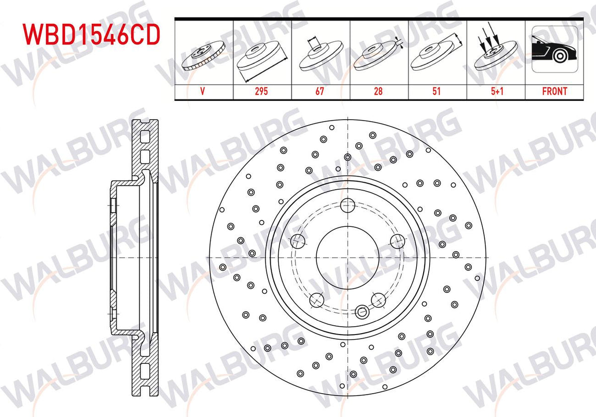 WALBURG WBD1546CD Brake Disc Front Air Coated Performance Drilled 5 Bjn 295X28x67x51 Mercedes A Series — Brake Rotors & Drums