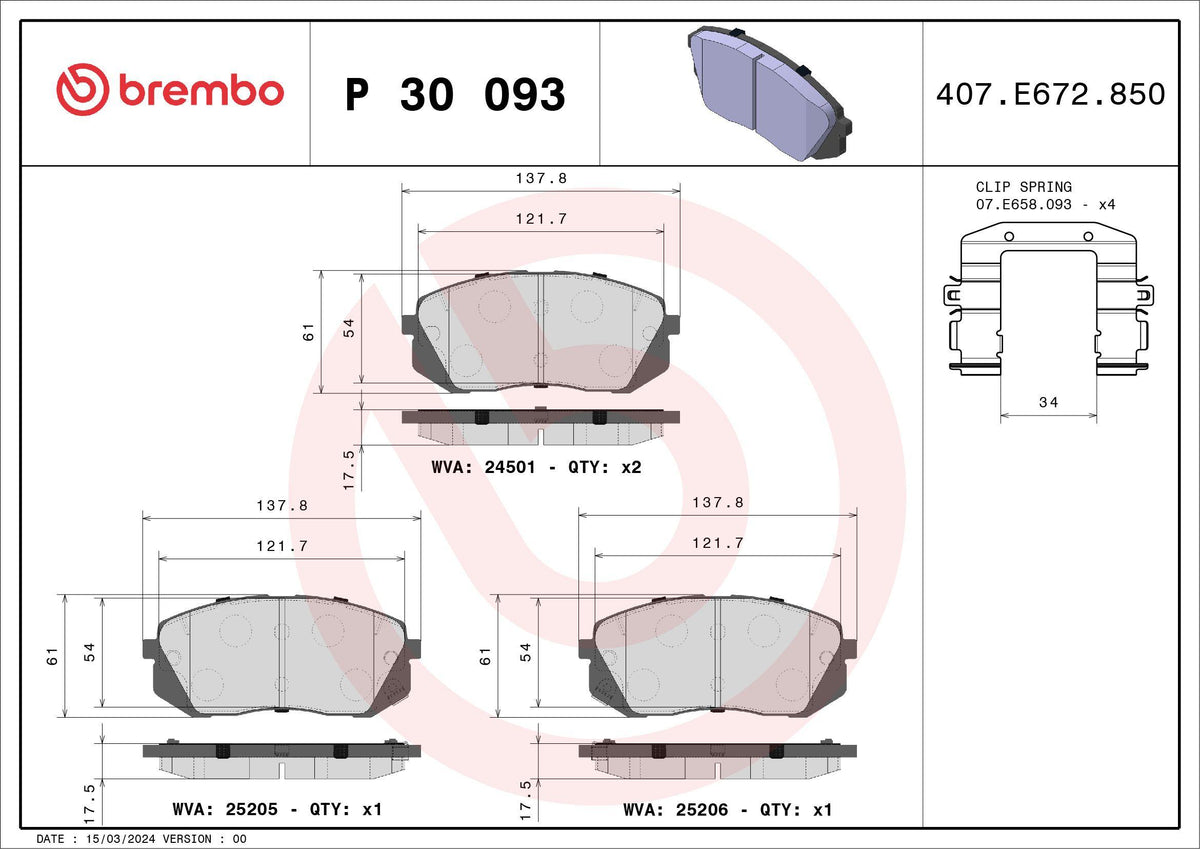 Brembo P30093 Brake Pad Front Hyundai Tucson/Kona/Ix35/Sonata/I40 / Kia Soul/Sportage 10-16 — Brake Pads