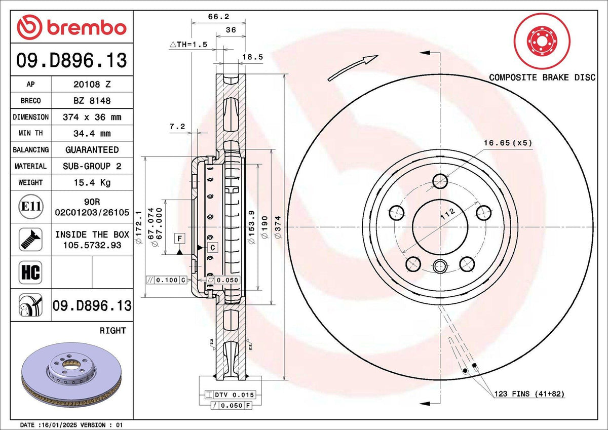 Brembo 09.D896.13 Brake Disc Front Composıte BMW G30 — Brake Rotors & Drums