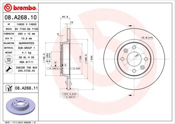 Brembo 08.A268.11 Brake Disc Renault Logan / Twingo 04-259mm Straight Front | Set of 2