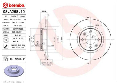 Brembo 08.A268.11 Brake Disc Renault Logan / Twingo 04-259mm Straight Front | Set of 2