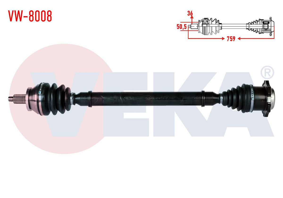 Veka VW-8008 Complete Axle Right Front Volkswagen Polo (9N_) 1.4 TDI M-T Length 759mm 2001-2012 — Axles, CV Joints & Boots