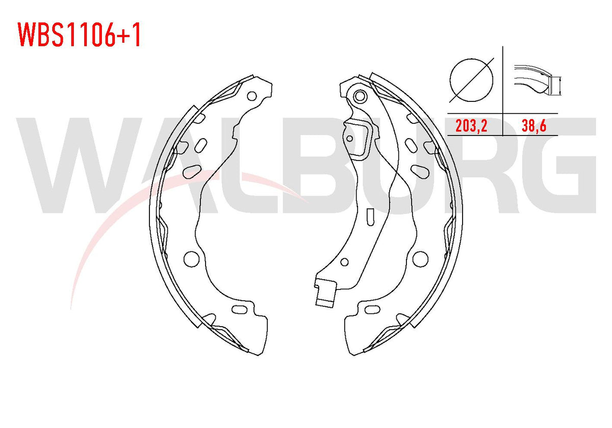 WALBURG WBS1106+1 Brake Shoe Rear + 1mm Daha Thick Dacia Logan (Ls) 1.5 dCi with Lever 203,2X38 — Brake Cables & Hardware