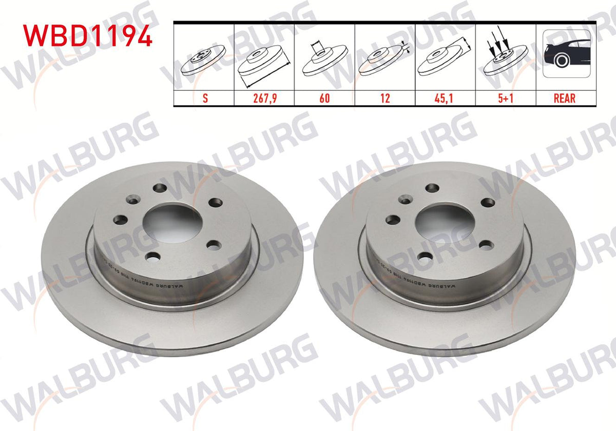 WALBURG WBD1194 Brake Disc Rear Straight 5 Bjn 267,9X12x60x45,1 Opel Astra J — Brake Rotors & Drums