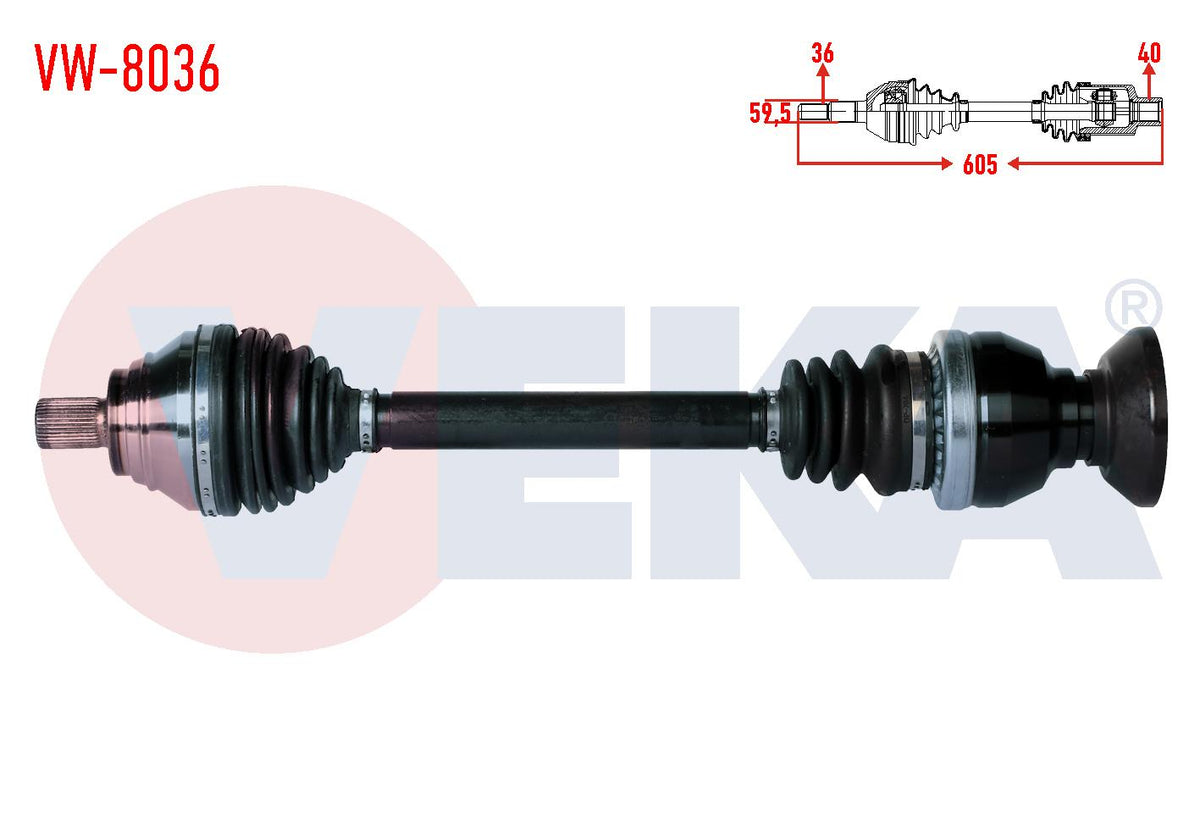 Veka VW-8036 Complete Axle Right Front Length 605mm Volkswagen Tiguan (5N_) 2.0 TDI 6 Gear A-T 4 M — Axles, CV Joints & Boots