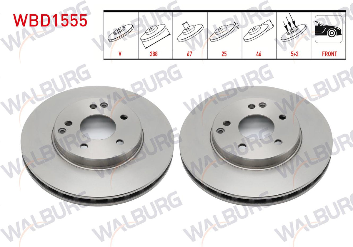 WALBURG WBD1555 Brake Disc Front Air Mercedes C Series (W202) C 250 TD 5 Bjn 288X25x67x46 1993-2000 — Brake Rotors & Drums