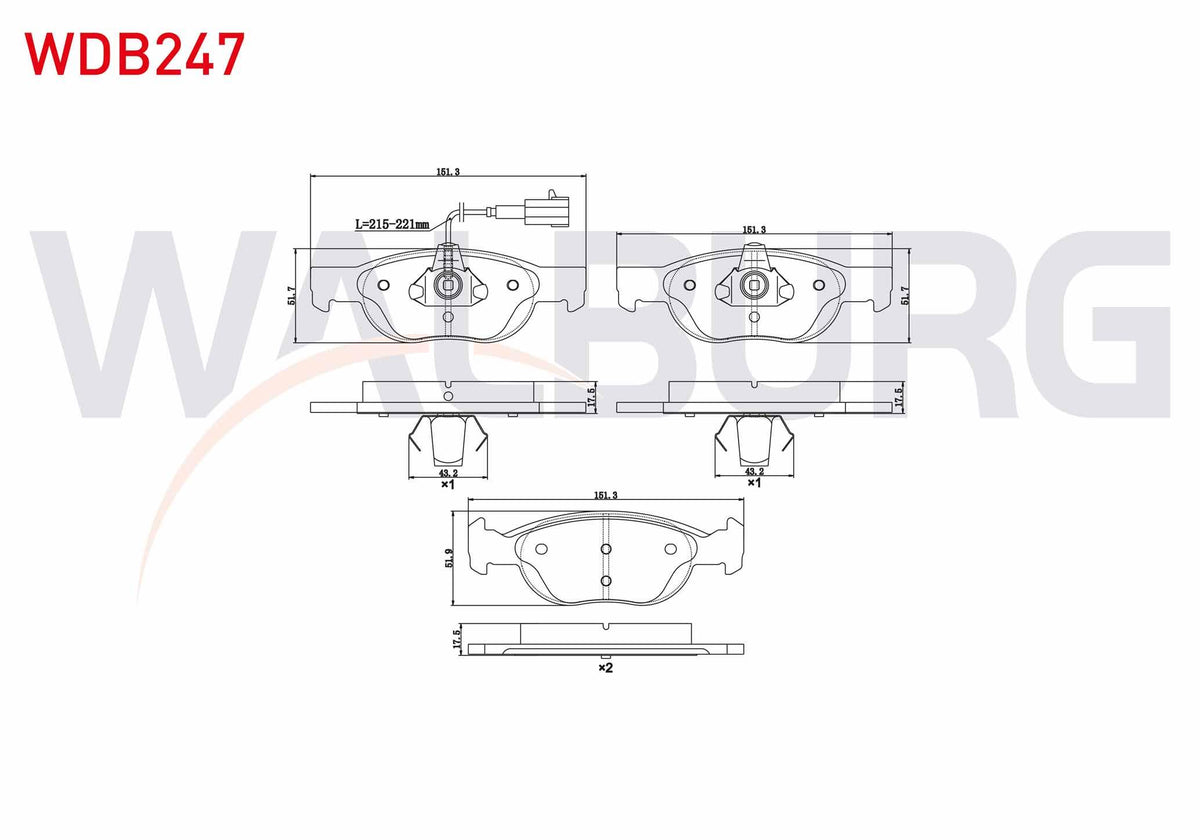 WALBURG WDB247 Brake Pad Front with Connector Fiat Marea (185) 1.4i 1996-2007 / 1.6i 16V 1996-2007 / 1.9 JTD 199 — Brake Pads