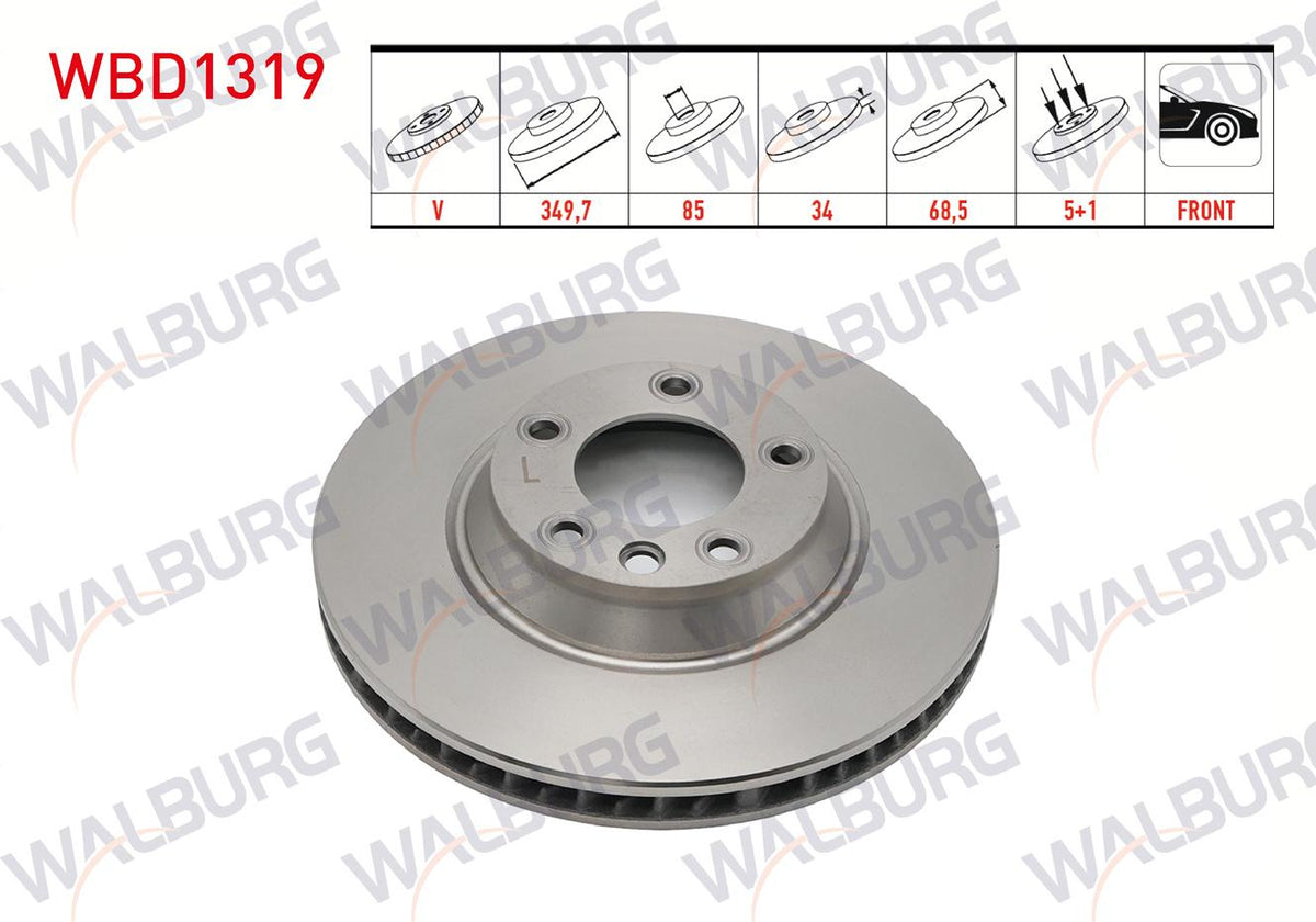 WALBURG WBD1319 Brake Disc Front Left Air 5 Bjn 18 Rim 349,7X34x85x68,5 Volkswagen Touareg 2.5 R5 TDI-3.2i-4.2 V8-5.0 V10 TDI-3.0 V6 TDI 2002-2010 / Porsche Cayenne 3.0 TDI-3.2i-S4.5i-S4.8i