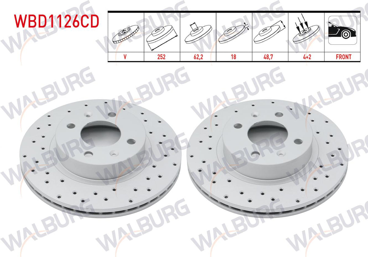 WALBURG WBD1126CD Brake Disc Front Air Coated Performance Drilled 4 Bjn 252X18x62,2X48,7 Hyundai i10 (Ba) 1.2 D-Cvvt 14 Rim 2013-/ i10 (Pa) 1.1i 12V 2008-2013 / i10 (Ba) 1.0 D-Cvvt 2013-/