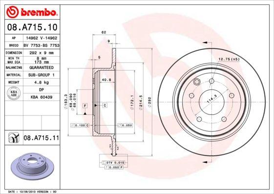 Brembo 08.A715.10 Brake Disc Rear Straight 292-5 Nissan Qashqai 07-12 Juke 11-12 — Brake Rotors & Drums