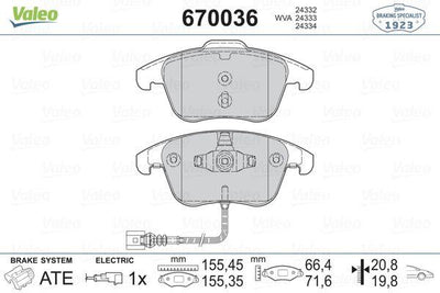 Valeo 670036 VW Tiguan 07-18 1.4-2.0 Front Brake Pad; Passat 13-15, Alhambra 10-, Q3 11-18