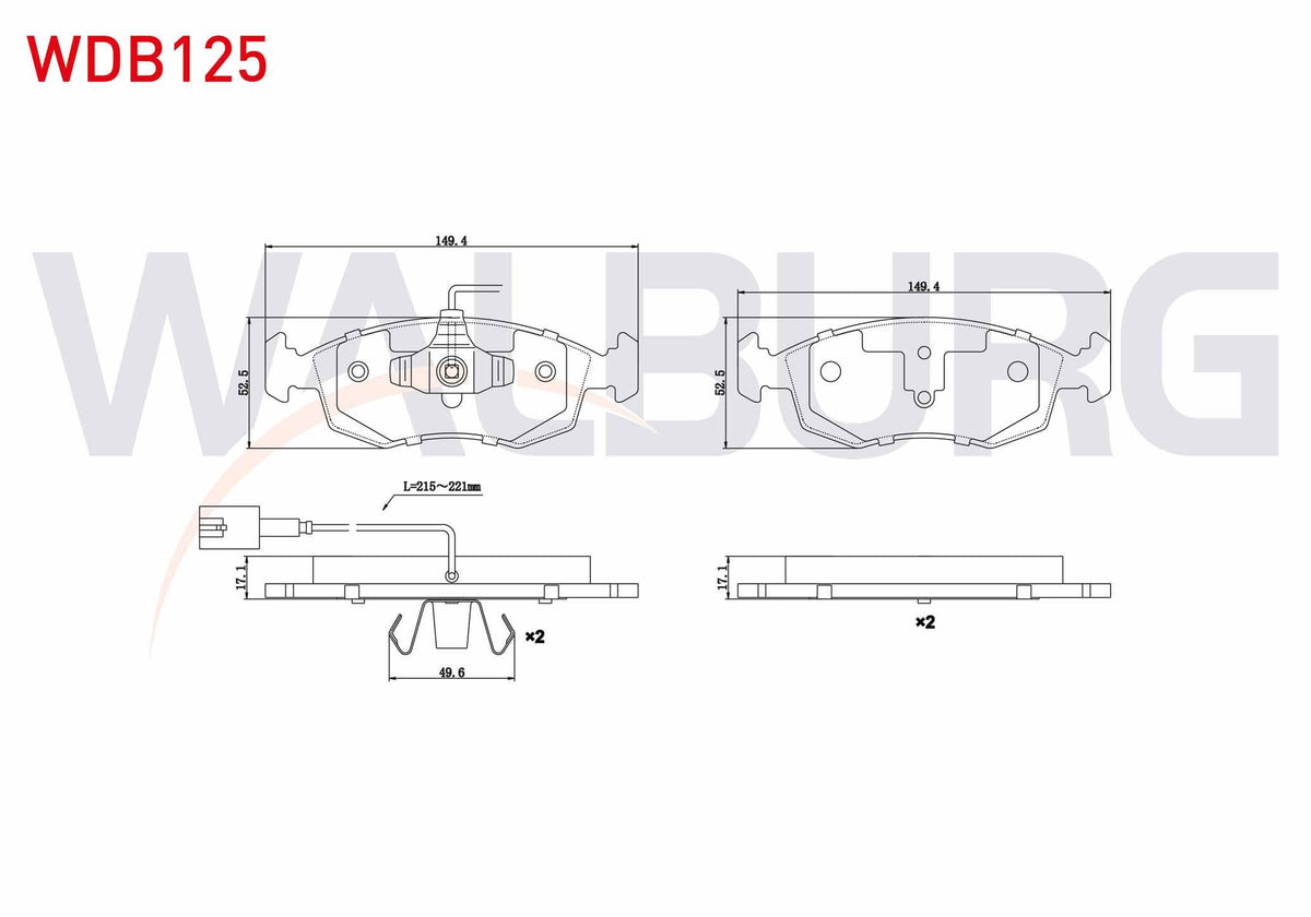 WALBURG WDB125 Brake Pad Front with Connector Fiat G.Punto Evo (199) 1.3 Mjt 2008-2012 / G.Punto Evo (199) 1.2i — Brake Pads