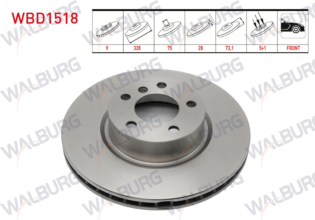 WALBURG WBD1518 Brake Disc Front Air BMW X3 (F25) xDrive 2.0 D 5 Bjn 328X28x75x73,1 2010-| Set of 2 — Brake Rotors & Drums