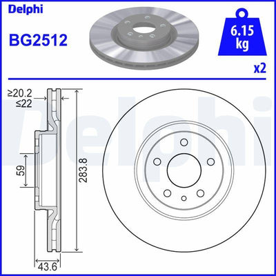 Delphi BG2512 Front Brake Mirror (Disc) Doblo III Egea 1,3 / 1.6 / 2.0 10 > Alfa Romeo 147 156 (5 Lug 284mm) — Mirrors