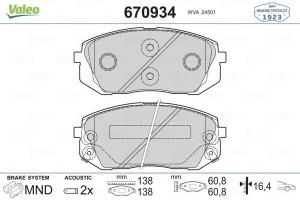 Valeo 670934 Brake Pad Front Tucson Ix35 Sonata I40 Kona Soul Carens Sportage 10-15 — Brake Pads