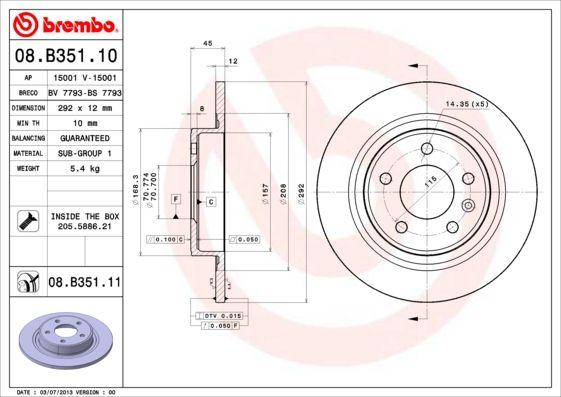 Brembo 08.B351.11 Disc Brake Rear Coated (Opel Astra J 09-15) — Brake Rotors & Drums
