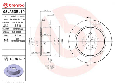 Brembo 08.A605.11 Brake Disc Rear UV Coated Subaru — Brake Rotors & Drums