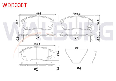 WALBURG WDB330T Brake Pad Front with Wear Indicator Telli Honda Civic VIII 1.6-1.8 2005-2012 / Civic Ix 1.4i-1.6 — Brake Pads