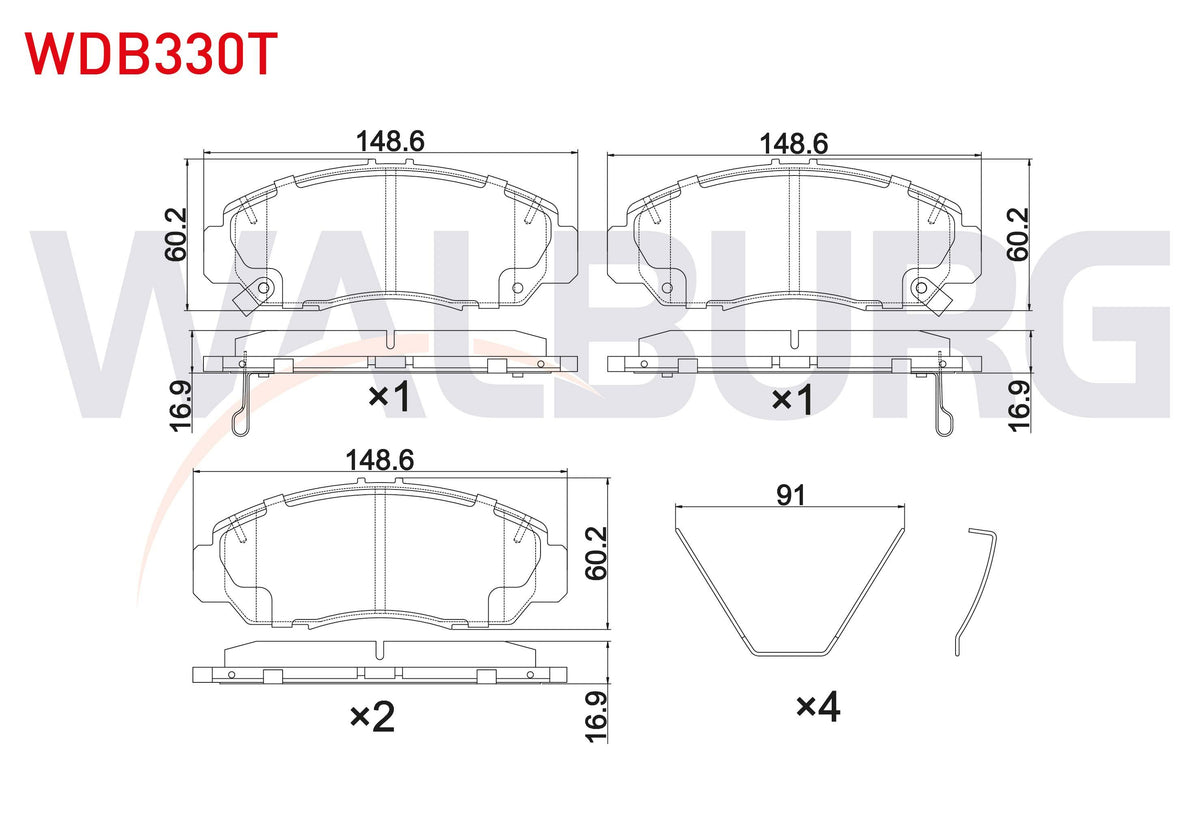 WALBURG WDB330T Brake Pad Front with Wear Indicator Telli Honda Civic VIII 1.6-1.8 2005-2012 / Civic Ix 1.4i-1.6 — Brake Pads