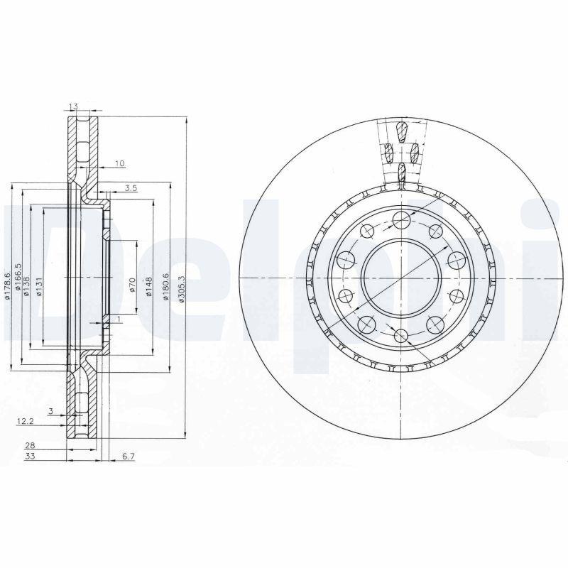 Delphi BG3951 Brake Disc Front Air Ø305 (Alfa Romeo: 159 1.9Jtdm 2.0Jtdm-11 Guılıetta 2.0Jtdm 10 -) — Brake Rotors & Drums