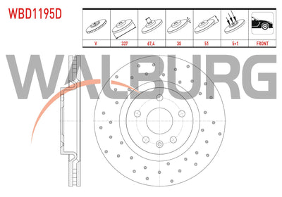 WALBURG WBD1195D Brake Disc Front Air Performance Drilled 5 Bjn 337X30x67,4X51 Opel Insignia 1.6-1.6 T-2.0 CDTi-2.0 T 18 Rim 2008-| Set of 2