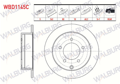 WALBURG WBD1145C Brake Disc Rear Straight Coated 5 Bjn 262X10x80x60 — Brake Rotors & Drums