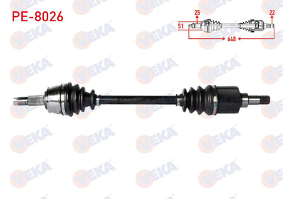 Veka PE-8026 Complete Axle Left Front Peugeot Bipper (Aa) 1.4 HDi Length 648mm 2008 — Axles, CV Joints & Boots