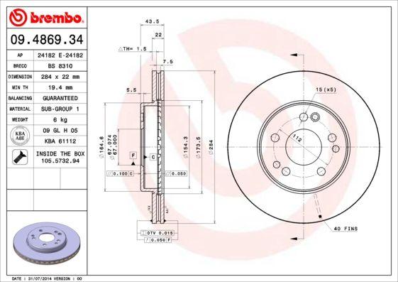 Brembo 09.4869.34 Brake Disc M.Benz 107 124 201 Front Air — Brake Rotors & Drums