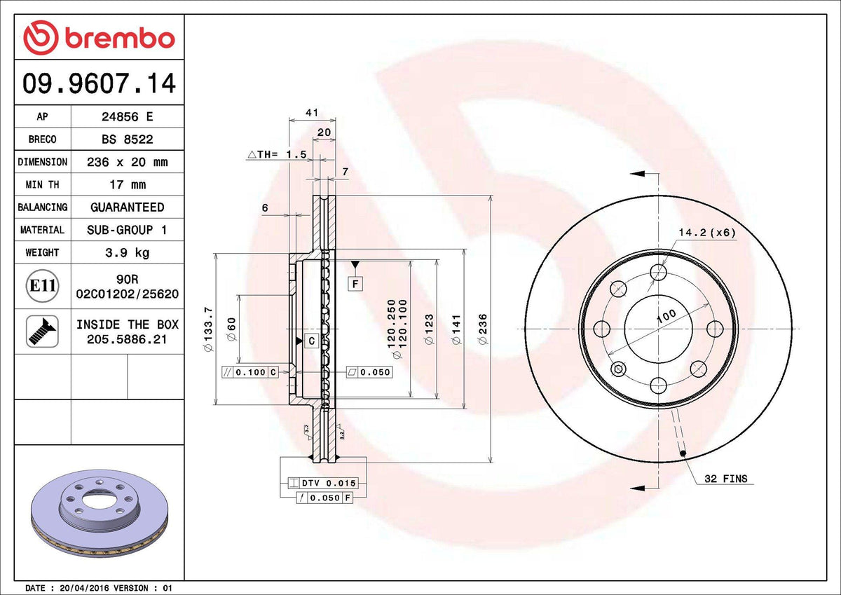 Brembo 09.9607.14 Brake Disc Front Standard Opel — Brake Rotors & Drums