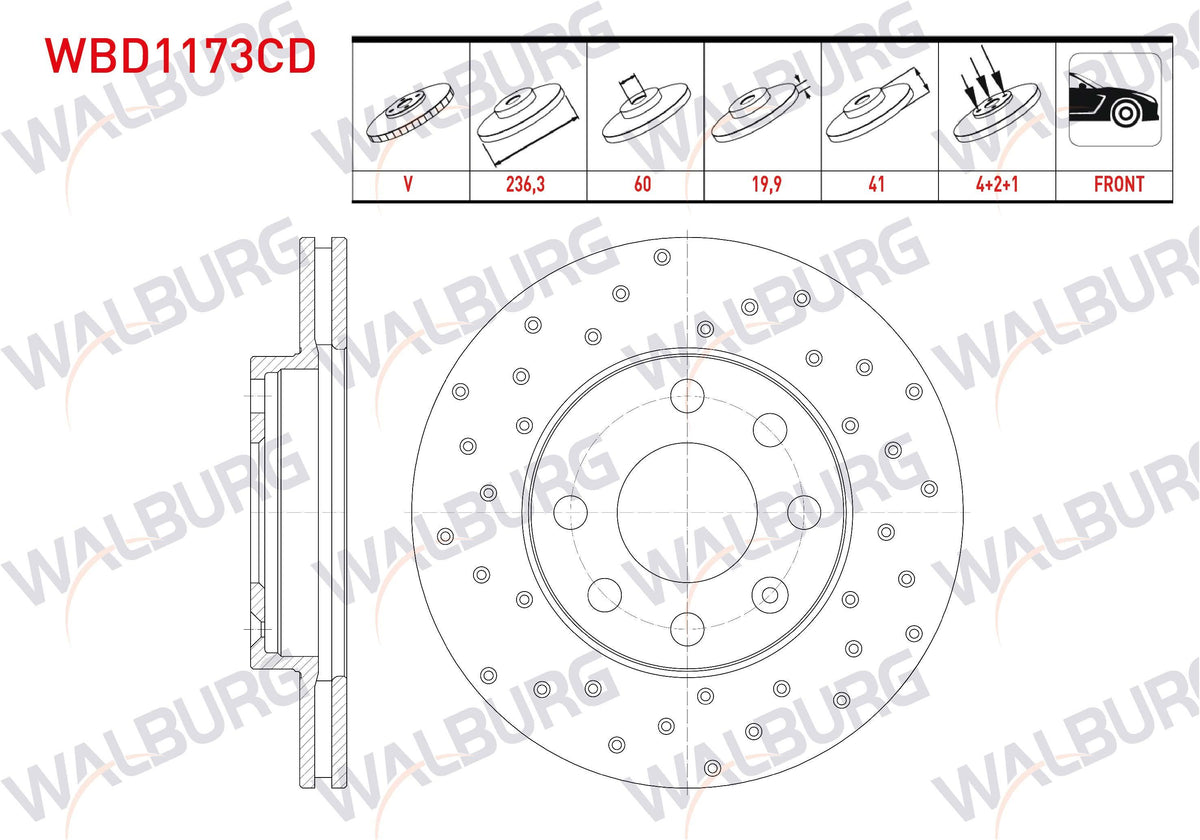 WALBURG WBD1173CD Brake Disc Front Air Coated Performance Drilled 4 Bjn 236,3X19 — Brake Rotors & Drums